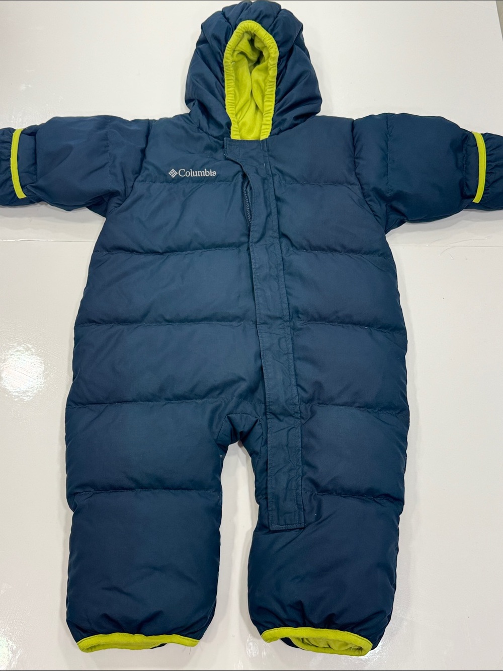 Columbia Infant Down Bunting Snowsuit – 18M | Navy Blue & Lime Green